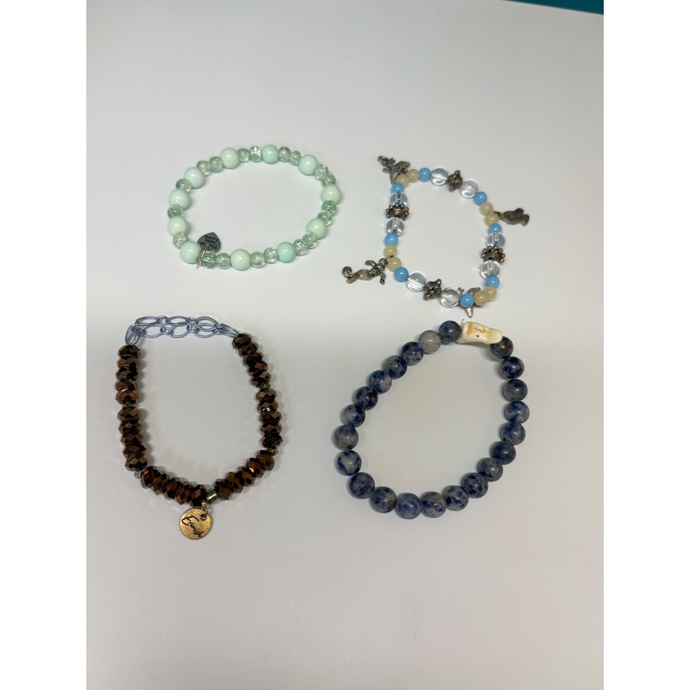 Set of 4 Beaded Bracelets Blue Stone Green Heart‎ Bronze Enough Animal Charms